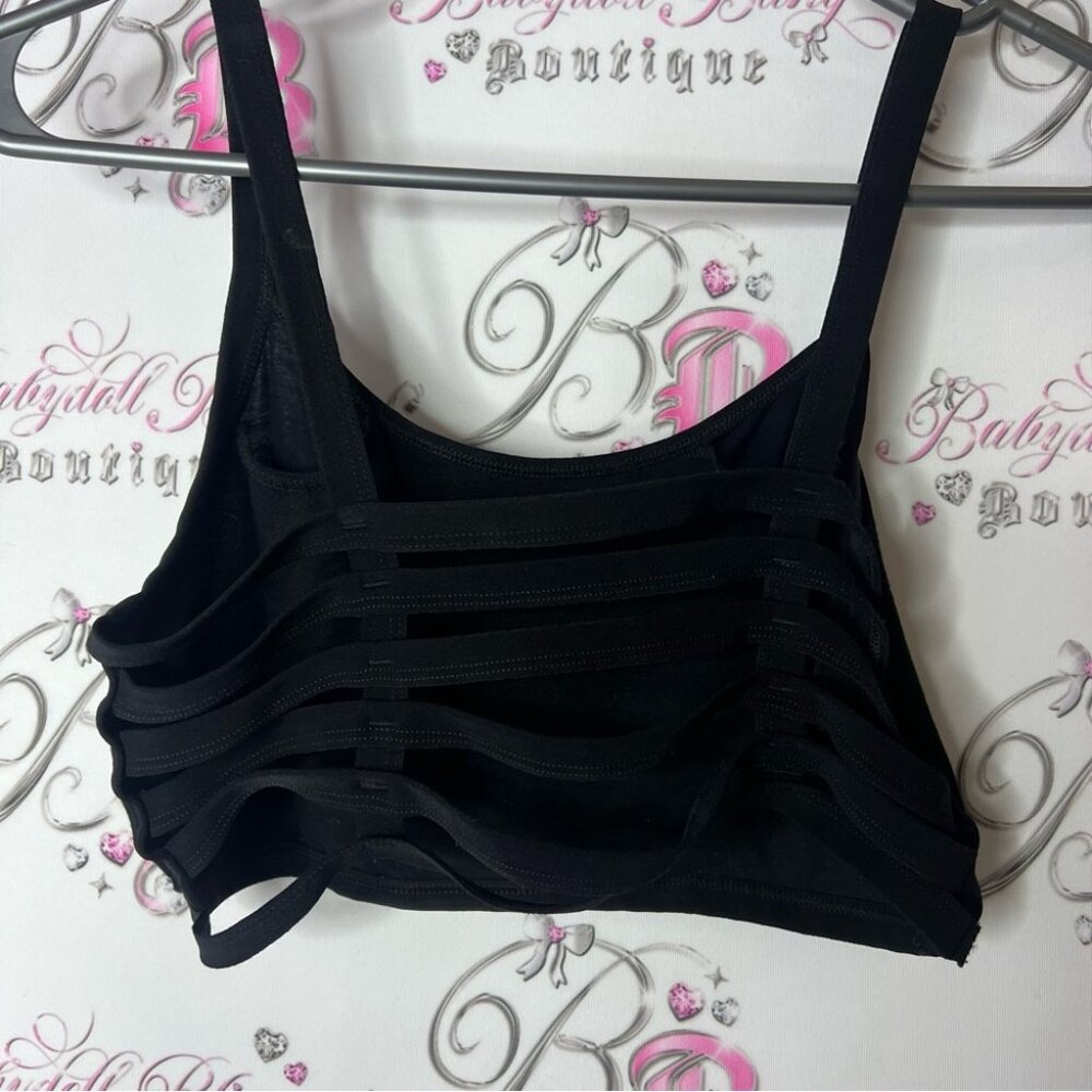 Open back crop top strappy Black top open straps in back stretchy bra style - Picture 2 of 4